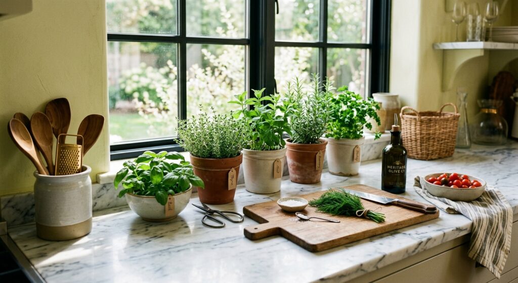 Close-up of a stylish, organized kitchen marble countertop with fresh herbs in ceramic pots, sunligh