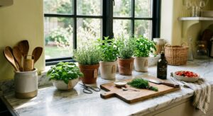 Close-up of a stylish, organized kitchen marble countertop with fresh herbs in ceramic pots, sunligh