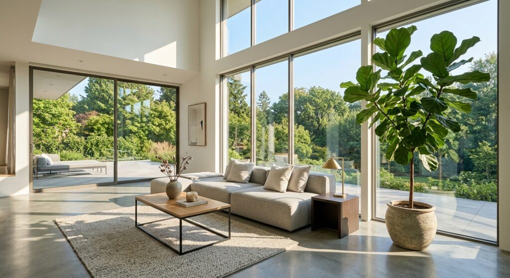 A sun-drenched modern living room with floor-to-ceiling windows, minimal furniture, and a large indo