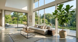 A sun-drenched modern living room with floor-to-ceiling windows, minimal furniture, and a large indo