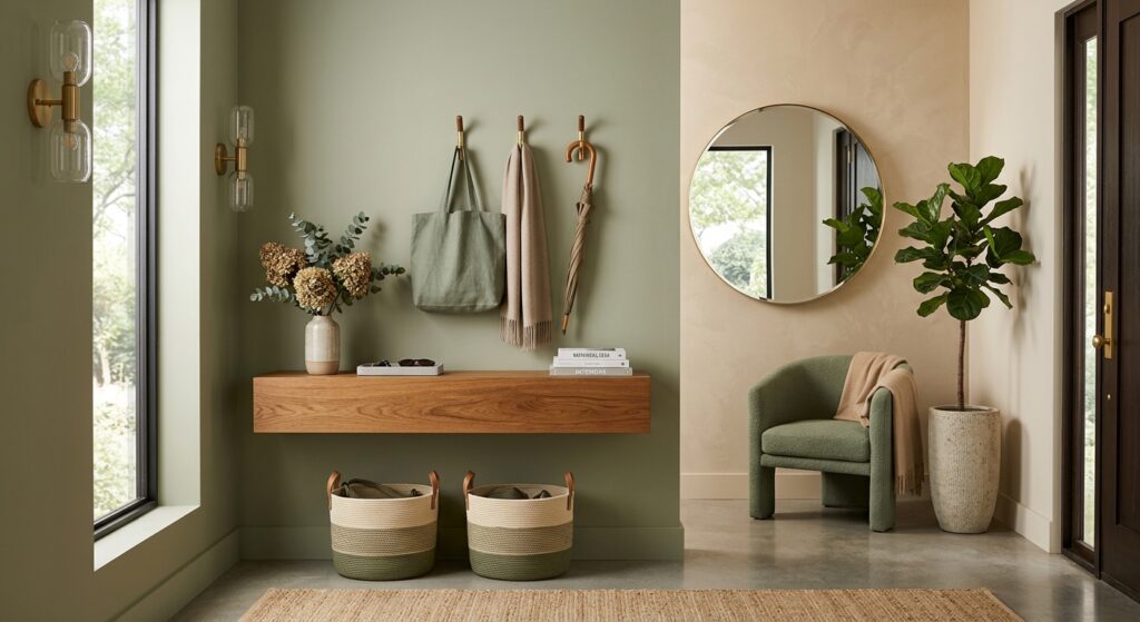 A high-end editorial photograph of a minimalist, modern entryway featuring a sophisticated color pal