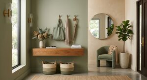 A high-end editorial photograph of a minimalist, modern entryway featuring a sophisticated color pal