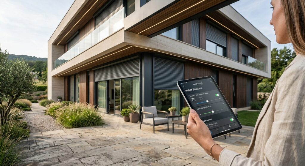 A sleek, modern smart home exterior featuring automated outdoor roller shutters seamlessly integrate