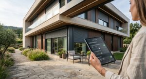 A sleek, modern smart home exterior featuring automated outdoor roller shutters seamlessly integrate