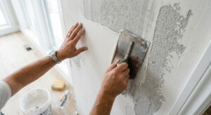 A professional, high-angle close-up shot of a pair of hands using a metal trowel to apply smooth whi