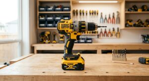 A close-up, professional photograph of a premium cordless power drill resting on a clean, organized