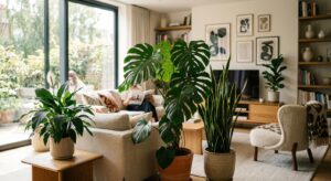 A high-end, editorial-style photograph of a bright, modern living room filled with lush air-purifyin