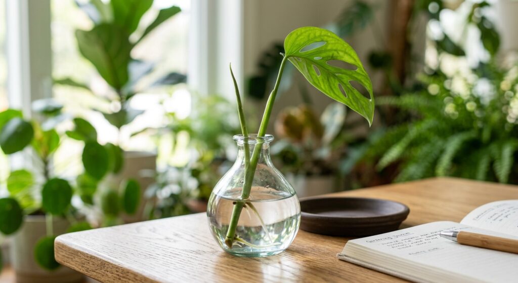 A professional, editorial-style close-up of a fresh green plant stem cutting placed in a clear glass
