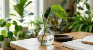 A professional, editorial-style close-up of a fresh green plant stem cutting placed in a clear glass