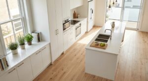 A high-angle, professional editorial shot of a modern, bright kitchen featuring premium light oak la