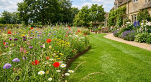 A professional editorial shot of a vibrant, biodiverse wildflower meadow in full bloom bordering a m