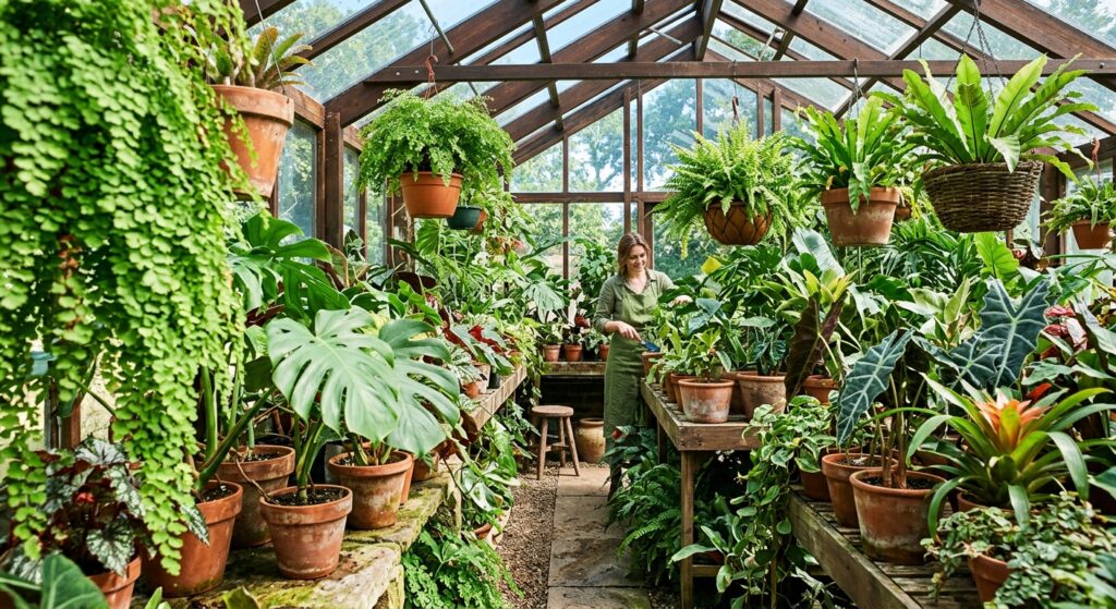 A vibrant greenhouse filled with exotic tropical plants, hanging ferns, and terracotta pots, shot wi