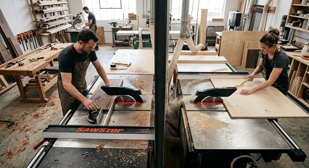 A high-angle, cinematic split-composition editorial shot featuring two modern table saws in a clean,