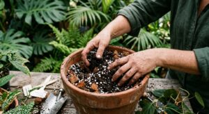 A professional, high-angle close-up of a gardener’s hands mixing nutrient-rich dark organic soil wit