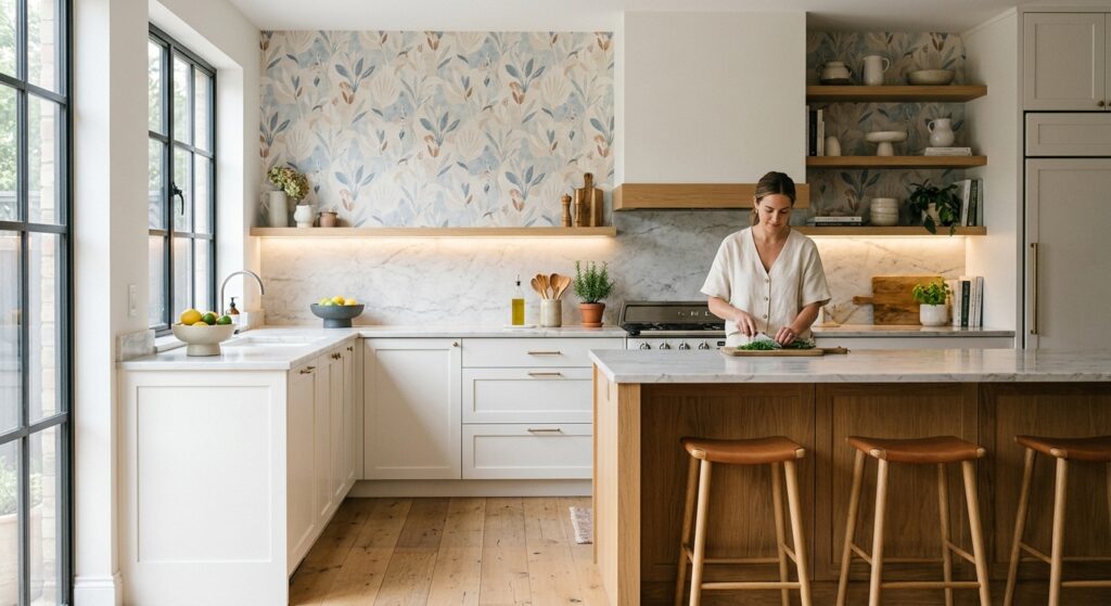 A high-end, editorial-style photograph of a modern, bright kitchen featuring a stylish vinyl wallpap