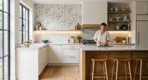 A high-end, editorial-style photograph of a modern, bright kitchen featuring a stylish vinyl wallpap