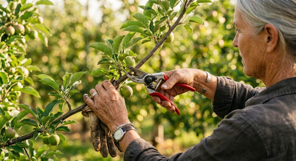 A professional, editorial-style close-up of a gardener’s hands using sharp shears to carefully prune