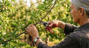 A professional, editorial-style close-up of a gardener’s hands using sharp shears to carefully prune
