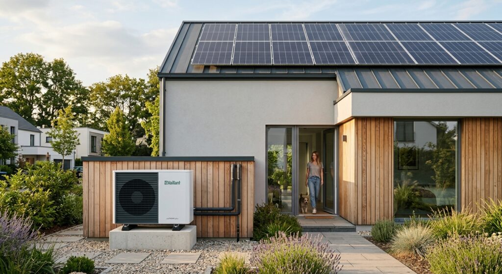 A professional editorial shot featuring a modern heat pump unit installed next to a sleek house exte