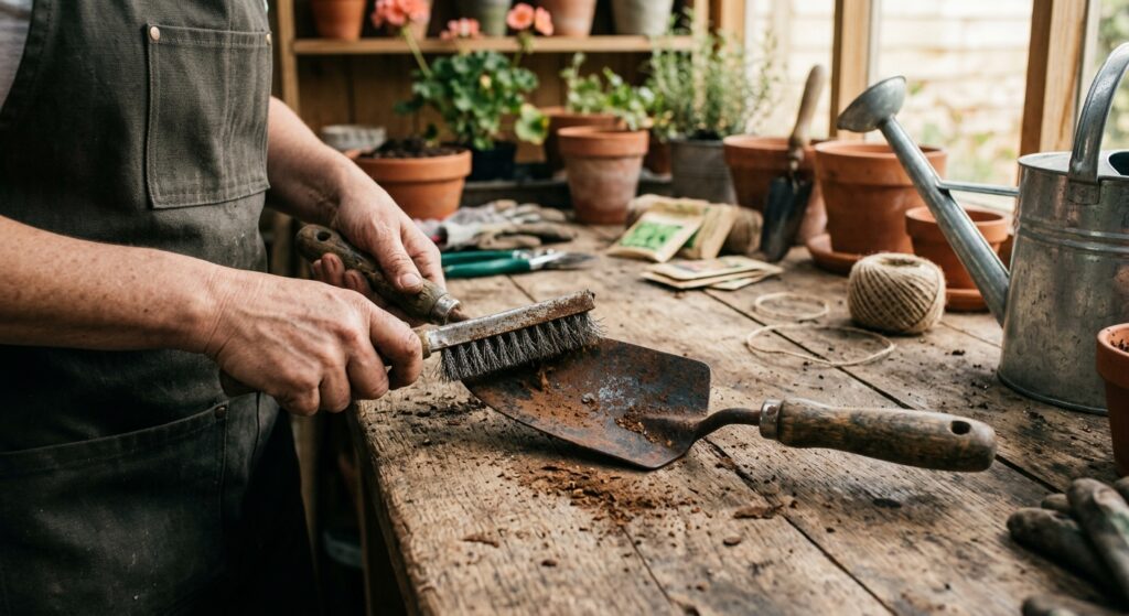 A high-angle, professional editorial shot of a rusted garden trowel being cleaned with a wire brush