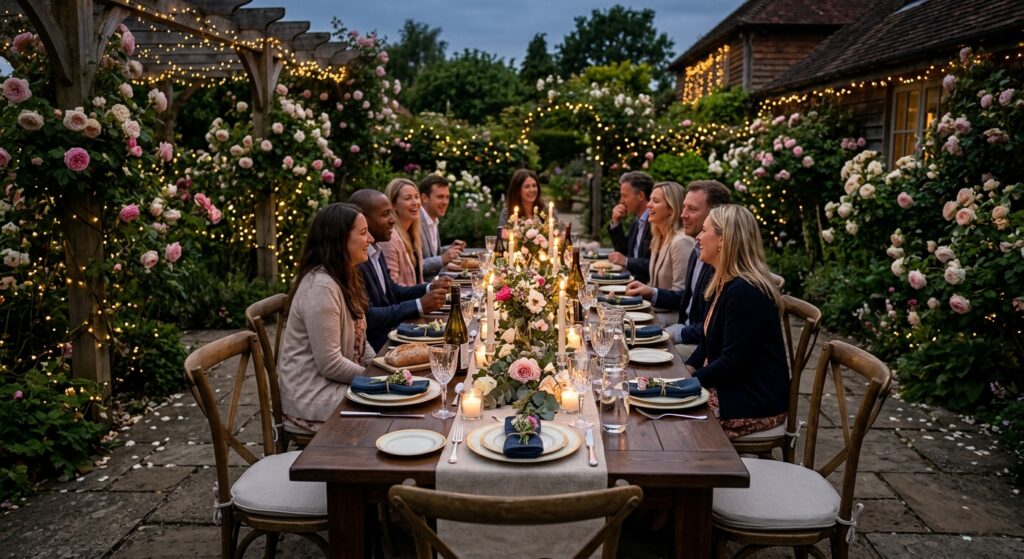Elegant outdoor dining table set for an al fresco dinner party on a flagstone patio, surrounded by b