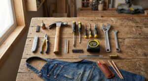 A high-angle, professional studio shot of an organized set of essential hand tools including a hamme