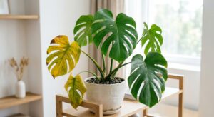 A high-quality, editorial-style close-up of a Monstera Deliciosa plant with a few yellowing leaves,