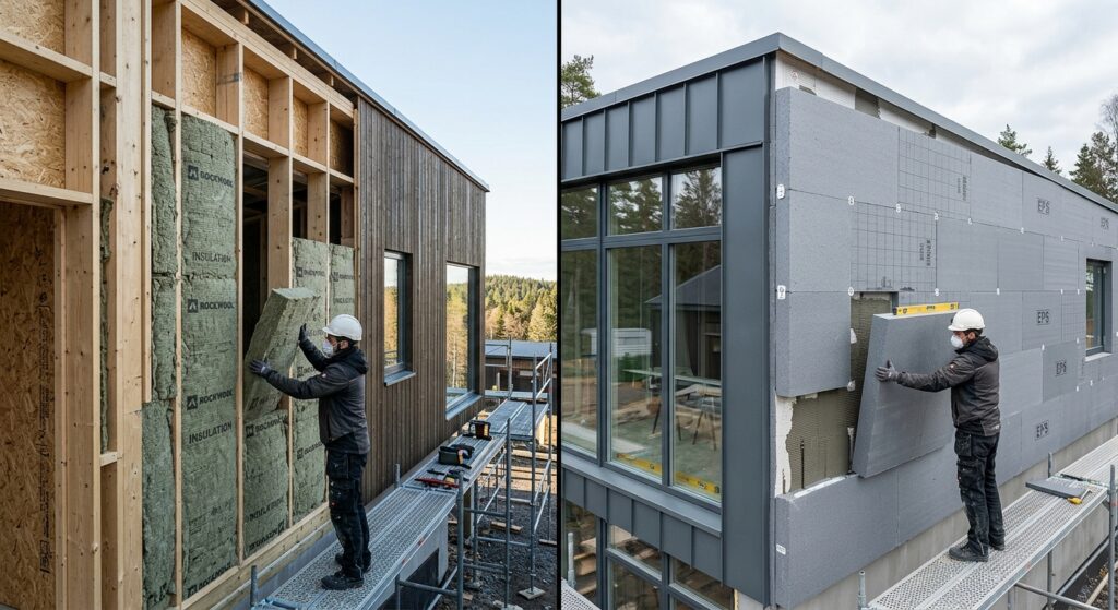 A high-quality, professional split-screen composition showing mineral wool insulation on one side an