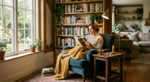 A high-end editorial photograph of a cozy, sunlit reading nook in a stylish living room featuring a