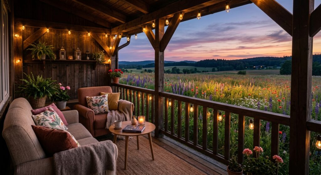 A cozy wooden veranda with soft outdoor lighting, plush cushions, and an unobstructed view of a sere