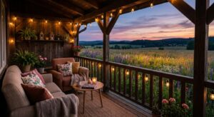 A cozy wooden veranda with soft outdoor lighting, plush cushions, and an unobstructed view of a sere