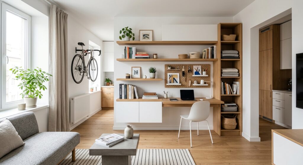 A high-end interior photography shot of a modern, minimalist small apartment featuring clever wall-m