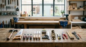 A high-quality, professional editorial shot of essential DIY hand tools neatly arranged on a clean w