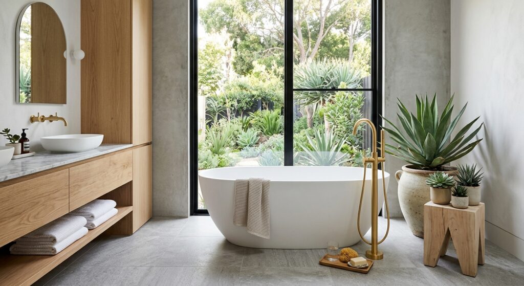 Modern minimalist bathroom with a freestanding bathtub, gold fixtures, and a large succulent plant,