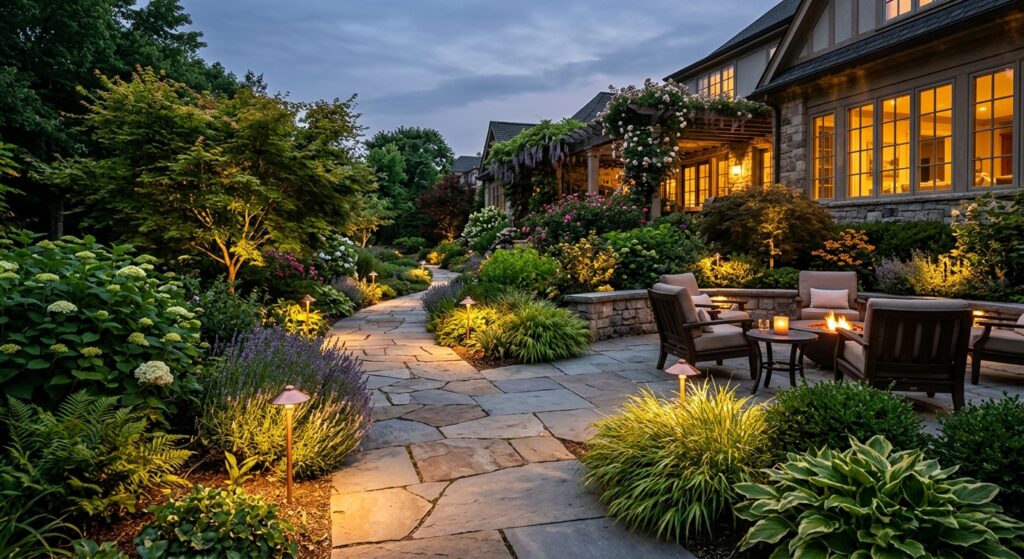 A professional, editorial-style photograph of a beautifully landscaped backyard garden at twilight,