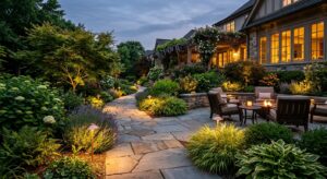 A professional, editorial-style photograph of a beautifully landscaped backyard garden at twilight,