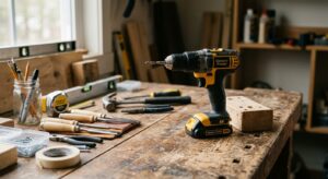 A high-quality, editorial-style photograph of a modern cordless drill resting on a rustic wooden wor