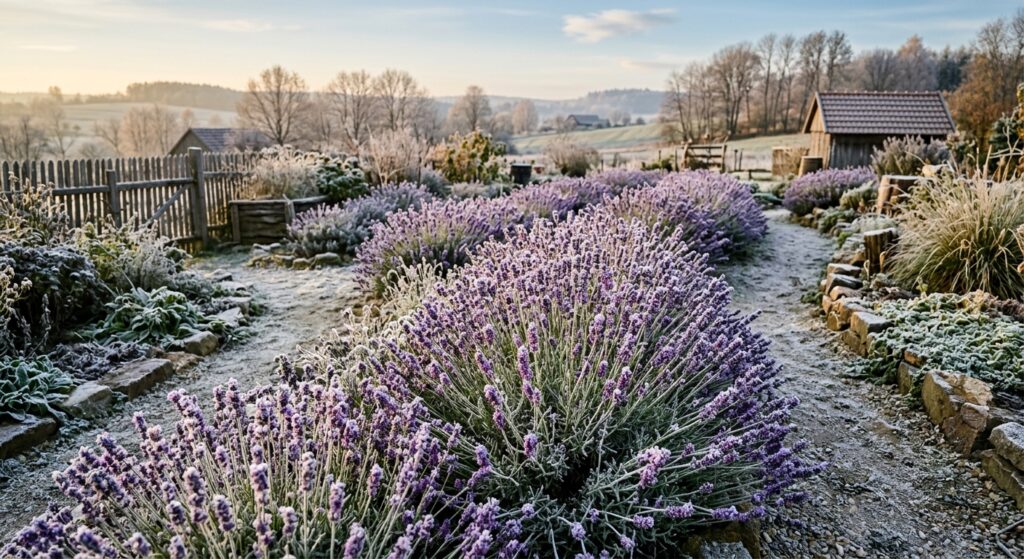 A professional, high-angle editorial photograph of vibrant purple lavender bushes covered in a light