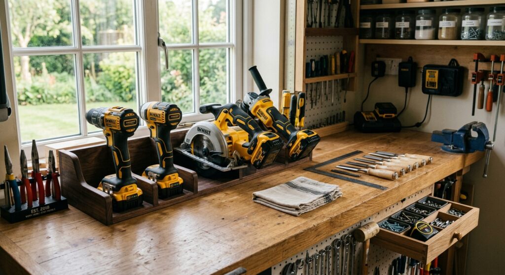 A high-quality, professional editorial photograph of a well-organized home workshop featuring cordle