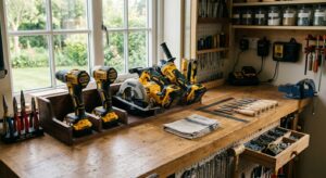 A high-quality, professional editorial photograph of a well-organized home workshop featuring cordle