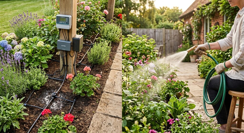 A professional, high-angle split composition showing a lush home garden where one side features a mo