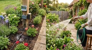 A professional, high-angle split composition showing a lush home garden where one side features a mo
