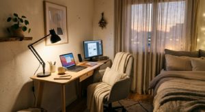 A stylish and cozy bedroom corner featuring a modern minimalist desk, a sleek ergonomic task lamp, a