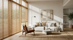 A high-end, editorial-style interior photograph of a sunlit living room featuring elegant natural wo