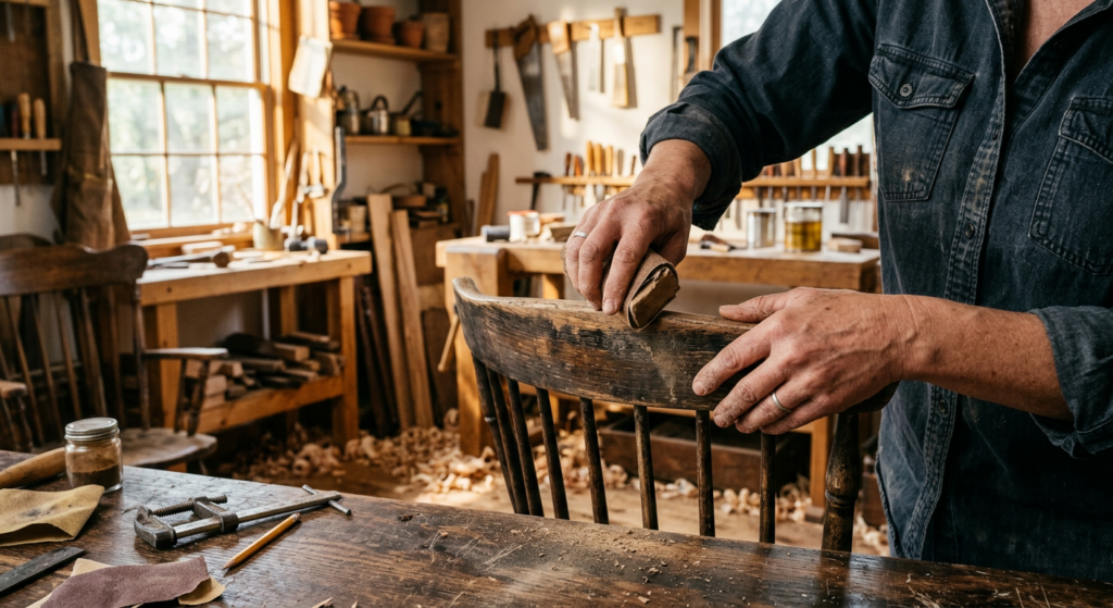A professional editorial photograph of a person’s hands using sandpaper to carefully distress a vint