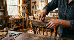 A professional editorial photograph of a person’s hands using sandpaper to carefully distress a vint