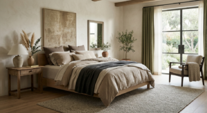 A high-end editorial photograph of a serene, minimalist bedroom featuring layered high-quality linen