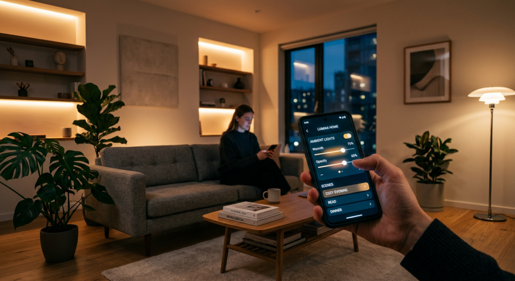 A modern, minimalist living room illuminated by smart ambient lighting, featuring a glowing smartpho
