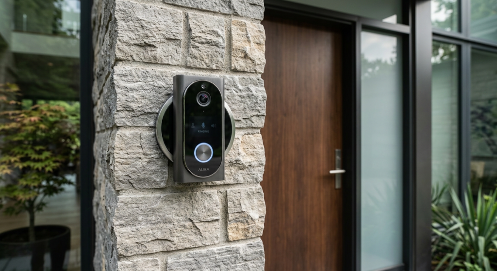 A high-end, professional close-up of a modern sleek video doorbell mounted on a contemporary stone h