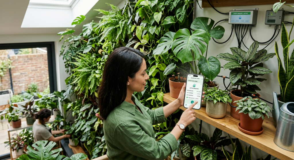 A high-angle, professional editorial shot of a lush indoor garden with an integrated smart irrigatio
